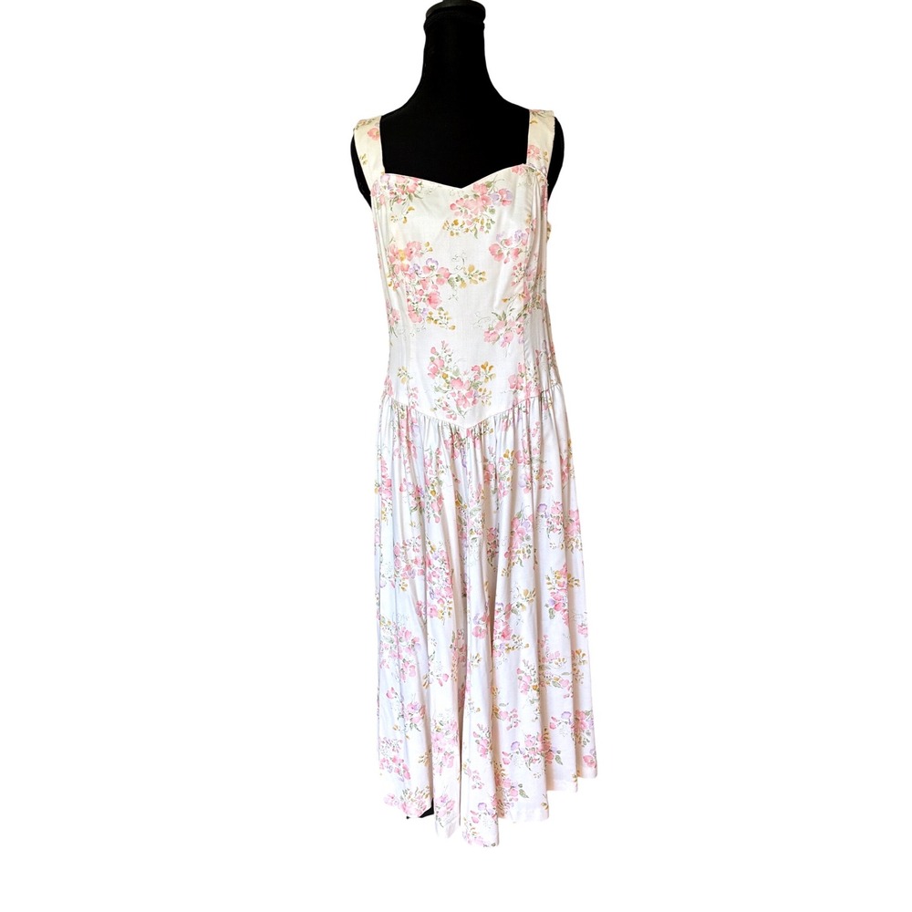 Vintage 80s 90s Lanz Originals Floral Midi Dress Cotton Bow Back 14
Cottagecore
